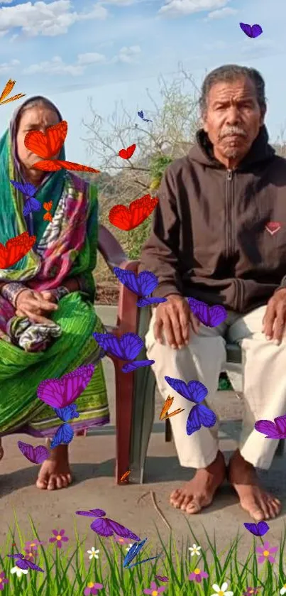 Elderly couple outdoors with colorful butterflies.