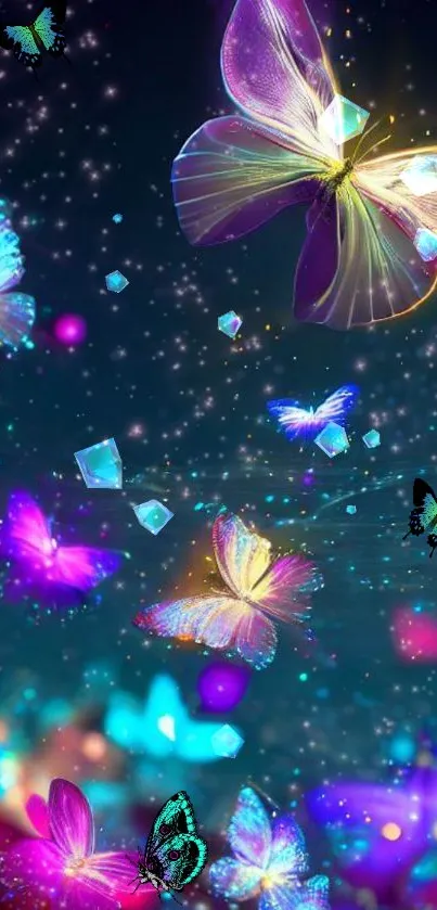 Colorful butterflies glowing in a dark night sky, perfect for mobile wallpaper.