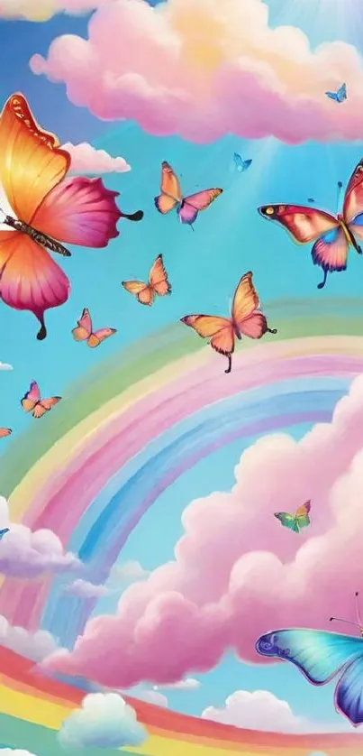 Colorful butterflies and rainbow in a bright sky.