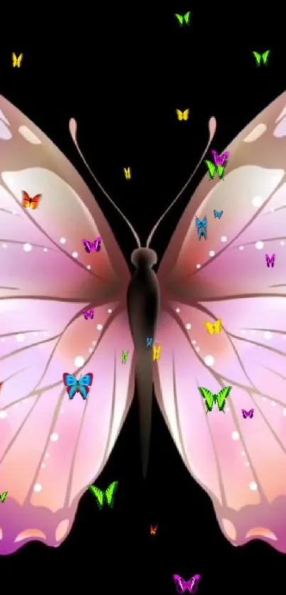 Pink butterfly with colorful dots on black background.