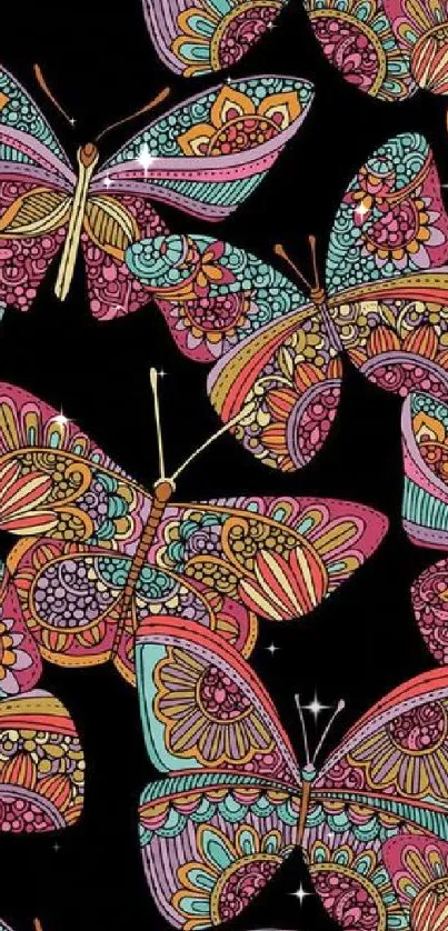 Colorful butterflies with intricate patterns on a black background.