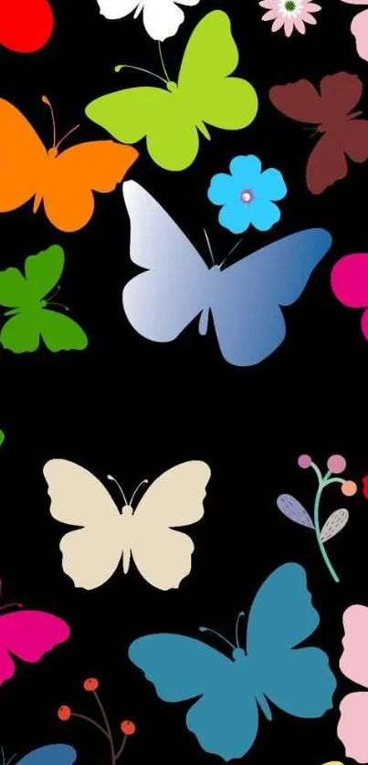 Colorful butterflies scattered on a black background.