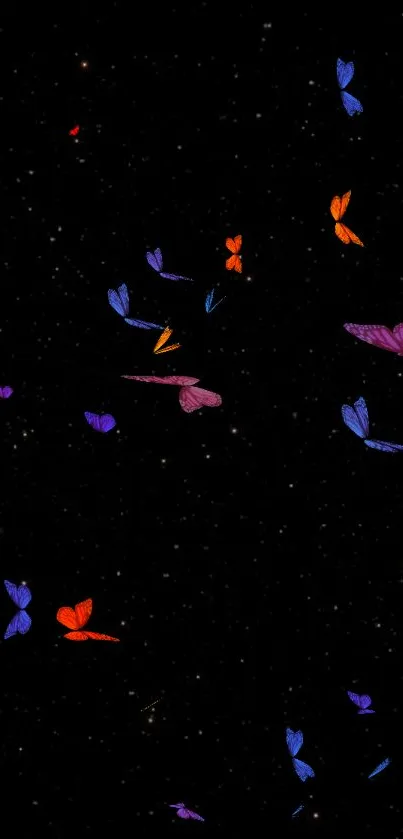 Colorful butterflies fluttering against a black, starry background.