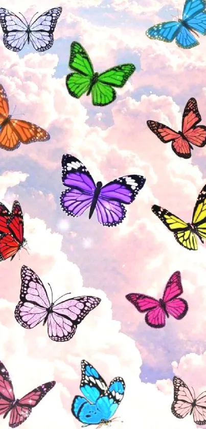 Vibrant butterflies flutter over pink clouds in a whimsical mobile wallpaper.