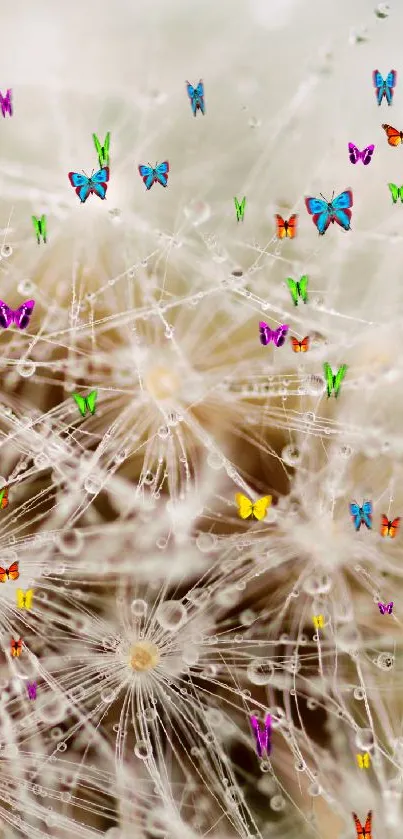 Colorful butterflies fluttering among dandelion seeds create a vibrant display.