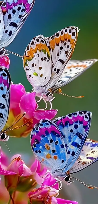 Vibrant butterflies resting on pink flowers in a scenic nature view.