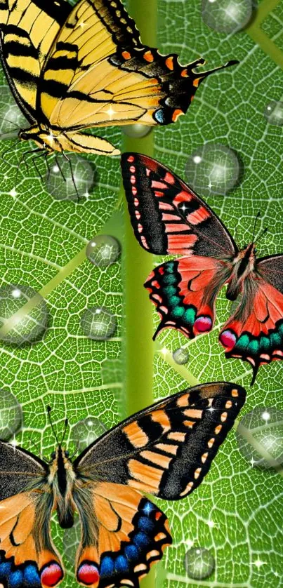 Colorful butterflies resting on green leaf with detailed patterns.