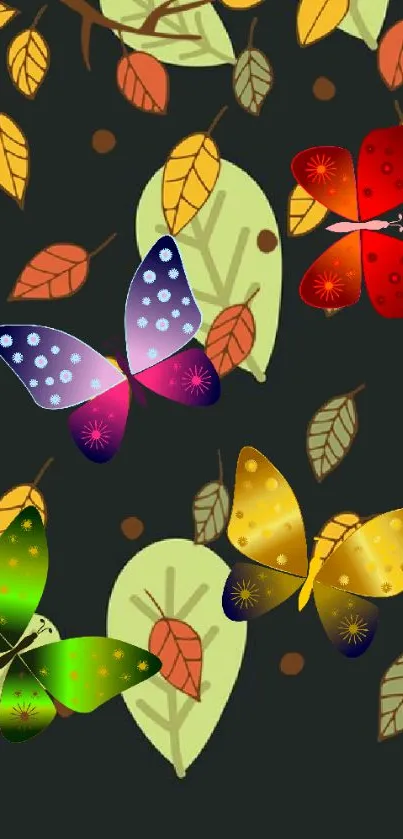 Colorful butterflies and autumn leaves design wallpaper.