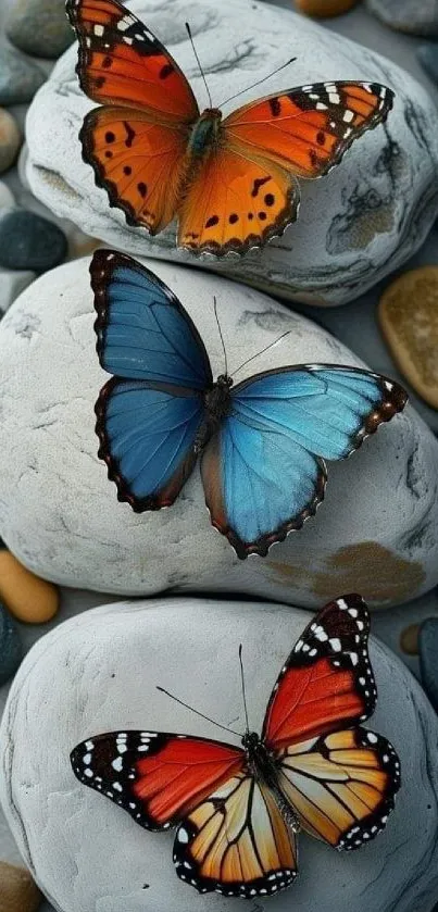 Three colorful butterflies on smooth stones.