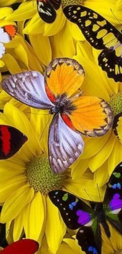 Colorful butterflies resting on yellow sunflowers.