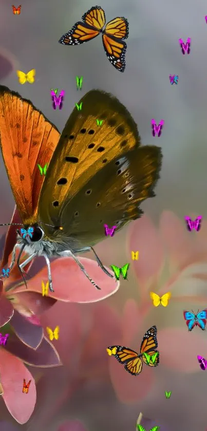 Beautiful wallpaper with colorful butterflies on a soft, dreamy background.