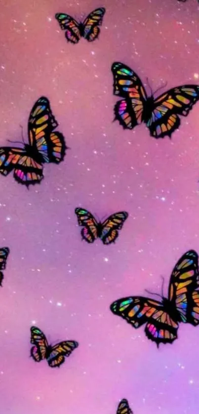 Colorful butterfly wallpaper with pink glittery sky.