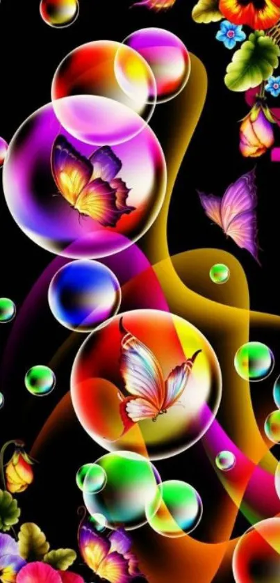 Colorful butterflies and bubbles on black background wallpaper.