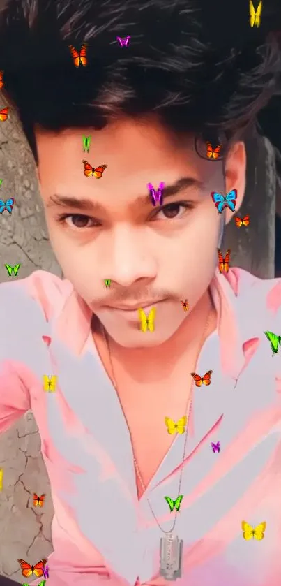 Young man with colorful butterflies overlay on wallpaper.