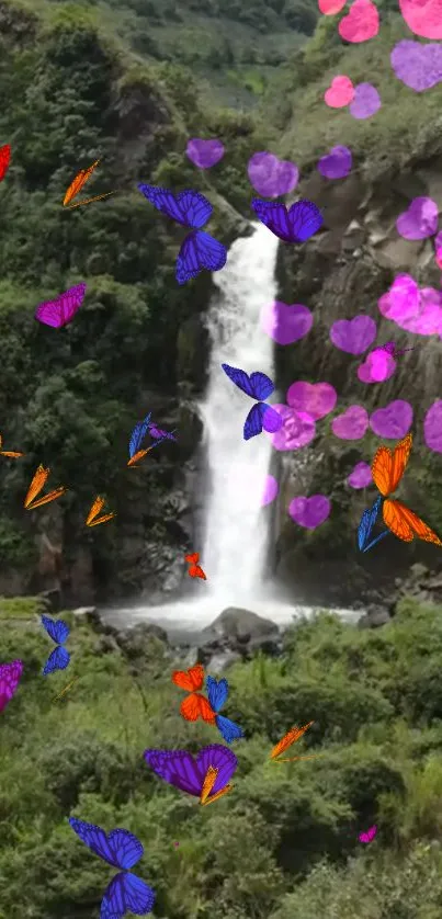 Vibrant mobile wallpaper with colorful butterflies and a serene waterfall.