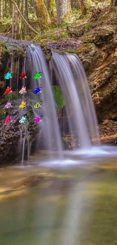 Mobile wallpaper featuring a waterfall and colorful butterflies in a lush forest.