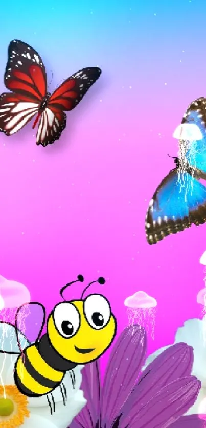 Vibrant wallpaper with butterflies, bee, and flowers on a pink gradient background.