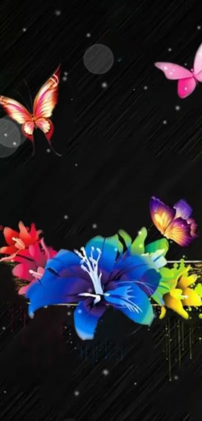 Vibrant wallpaper of colorful butterflies and flowers on a black background.