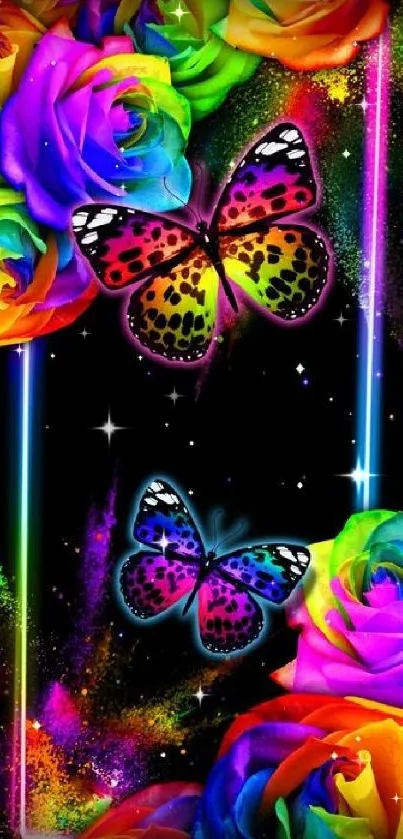 Colorful butterflies and roses on dark background.