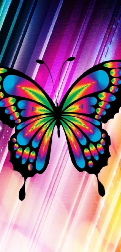 Vibrant butterfly with neon colors on abstract rainbow background.