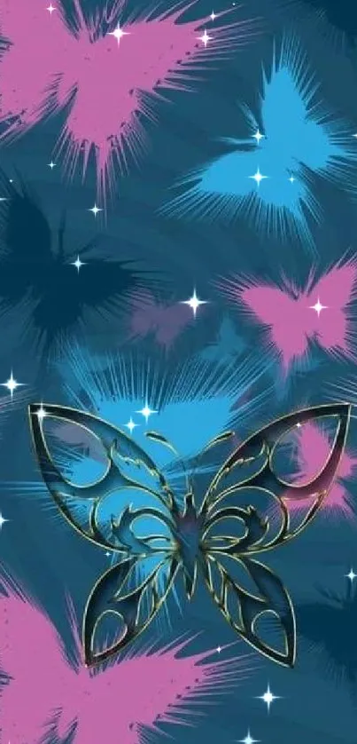 Abstract butterfly wallpaper with pink and blue tones.