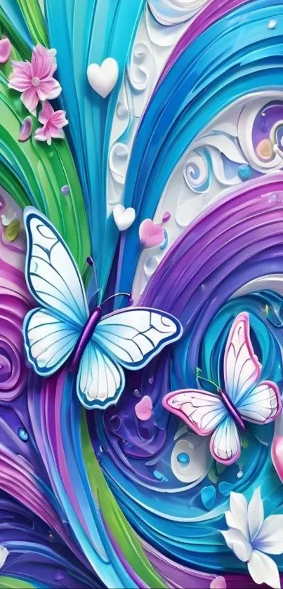 Colorful abstract wallpaper with butterflies and flowers.