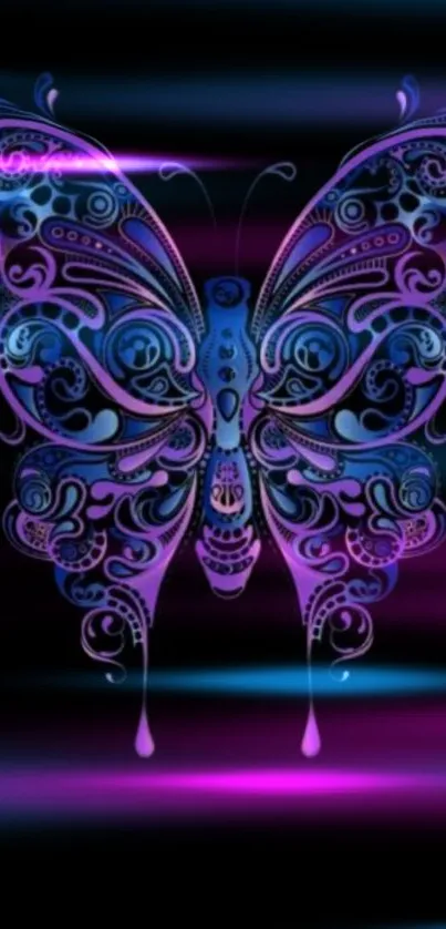 Intricate neon butterfly design on a dark background, perfect for mobile wallpaper.