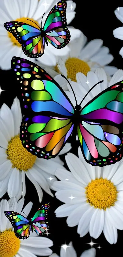 Colorful butterflies and white daisies mobile wallpaper.