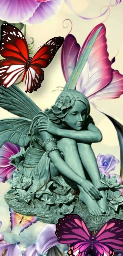 Fairy statue surrounded by vibrant butterflies and pastel flowers in a whimsical setting.