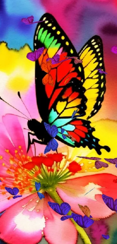 Colorful butterfly on pink flower with vibrant watercolor background.