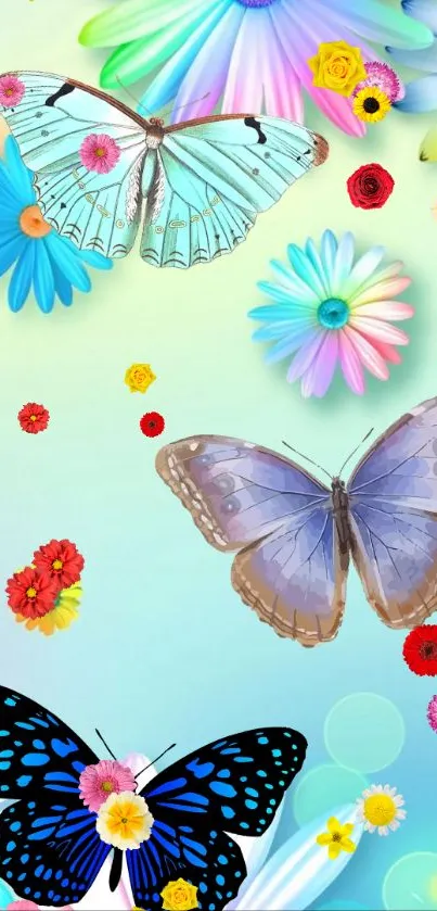 Colorful butterflies and flowers on pastel background mobile wallpaper.