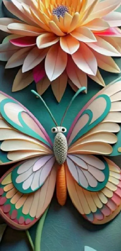 Artistic butterfly and flower in pastel shades.