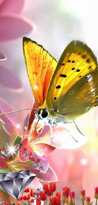 Vibrant butterfly resting on flowers with diamond design.