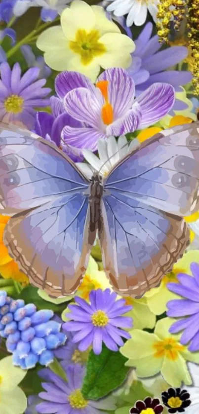 Blue butterfly on colorful flowers mobile wallpaper.