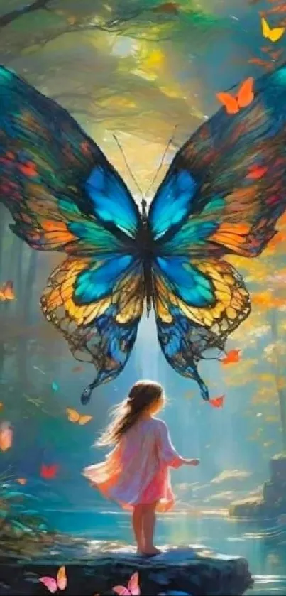 A vibrant, large butterfly with a girl in a mystical forest.