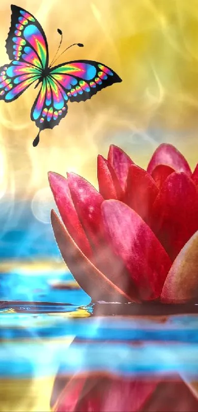 Colorful butterfly flutters over a red lotus on a vibrant pond.