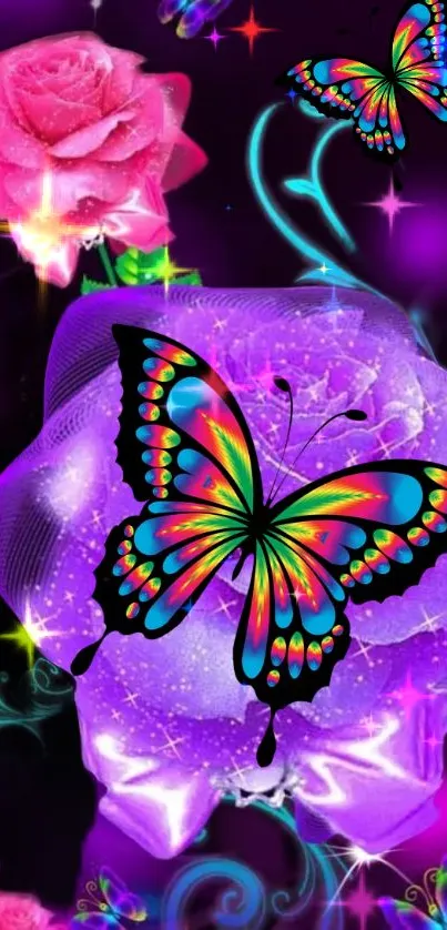 Neon butterfly and pink rose on a vibrant purple background.