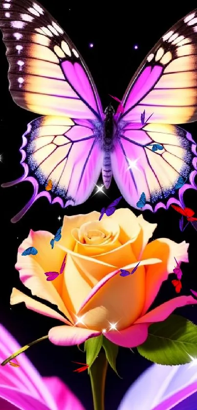 Colorful butterfly and yellow rose on dark backdrop.