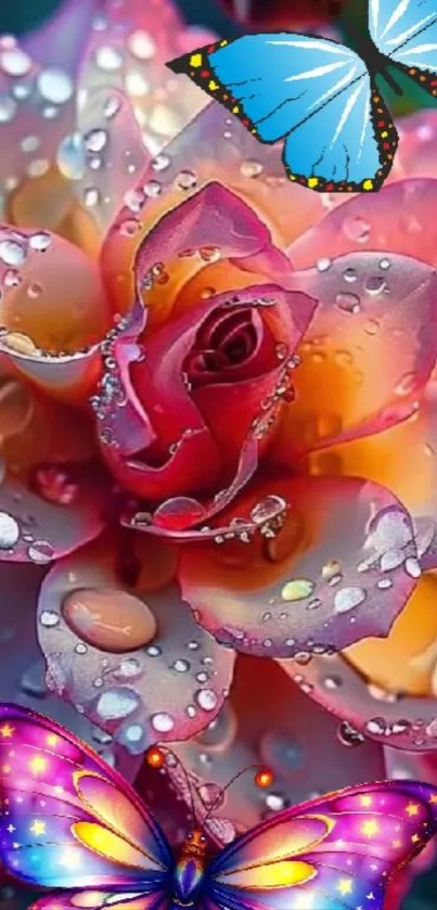 Pink rose with dewdrops and colorful butterflies on petals.