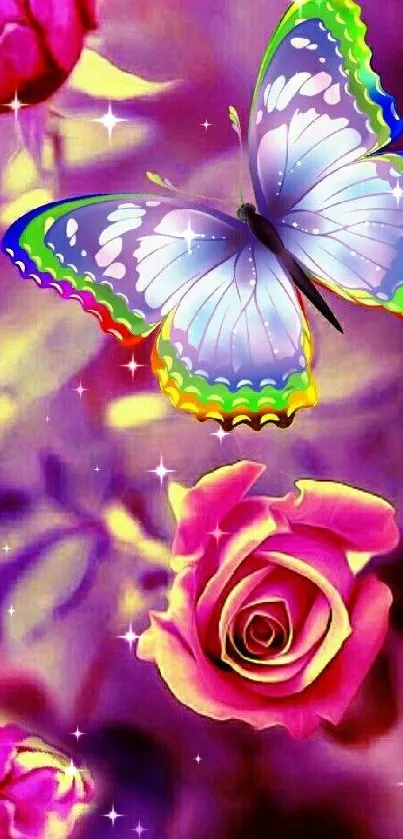 Colorful butterfly fluttering over vibrant pink roses in a dreamy art style.