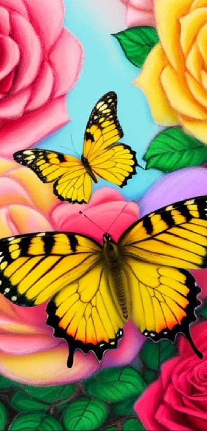 Yellow butterfly on colorful roses wallpaper art.