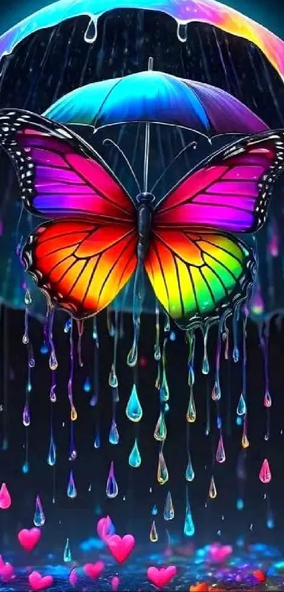 Colorful butterfly under a glowing umbrella with raindrops.