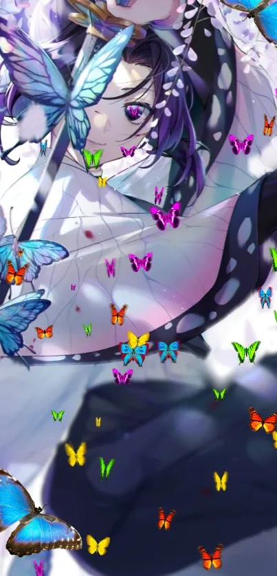 Anime girl surrounded by colorful butterflies in a dreamy scene.