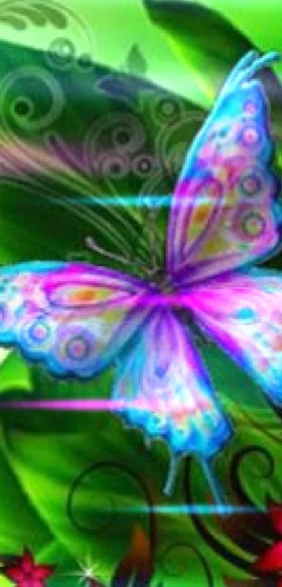 Vivid butterfly on a green floral background with vibrant colors.