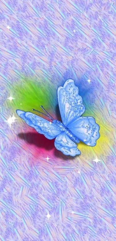 Artistic butterfly with colorful background on a lavender textured surface.