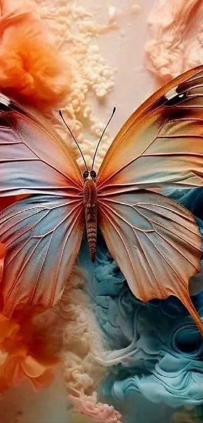 Vibrant butterfly with colorful wings against a textured background.