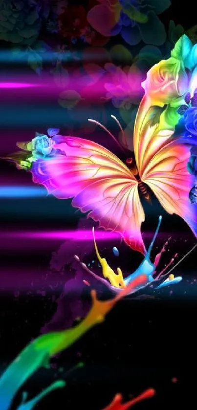 Colorful butterfly with floral and paint splashes on black background.