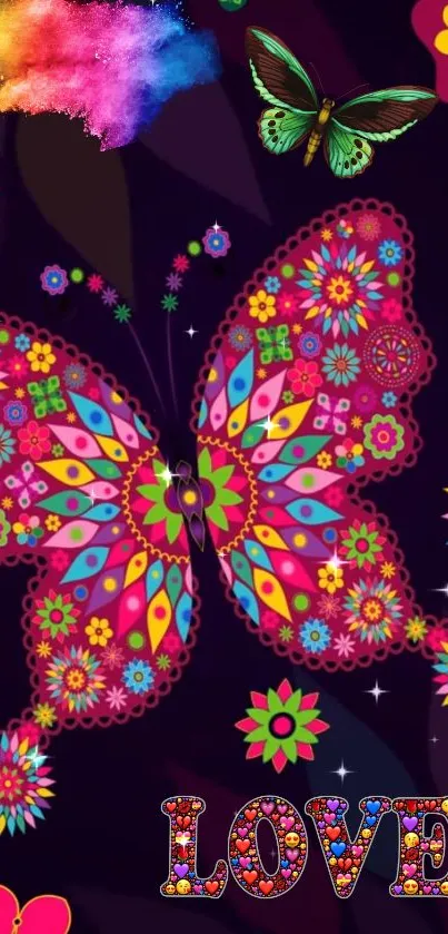 Vibrant butterfly with colorful floral patterns and 'LOVE' text on dark background.