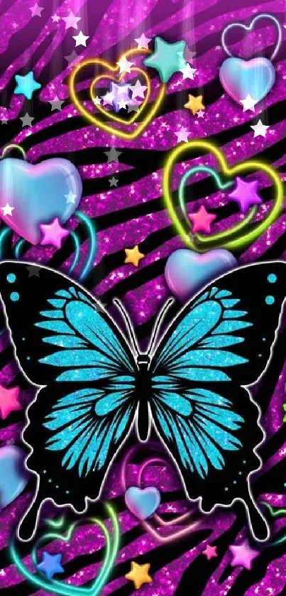 Colorful butterfly with neon hearts and stars on a purple zebra pattern.