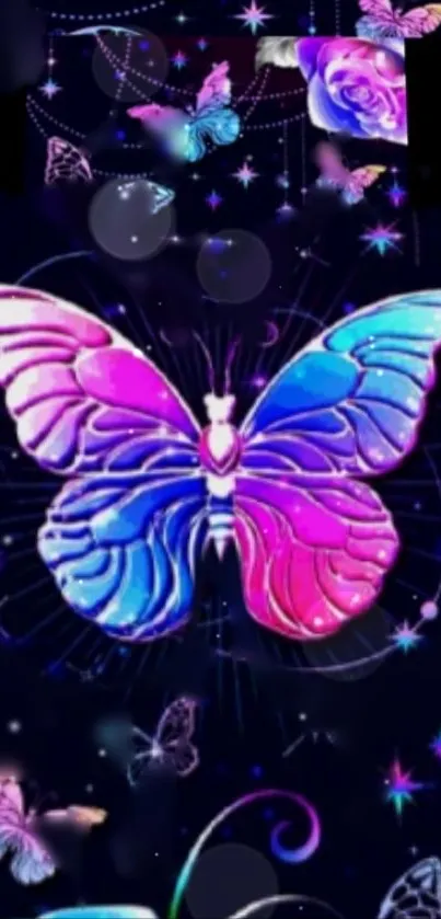 Colorful butterfly art wallpaper with pink, purple, and blue hues on a dark background.